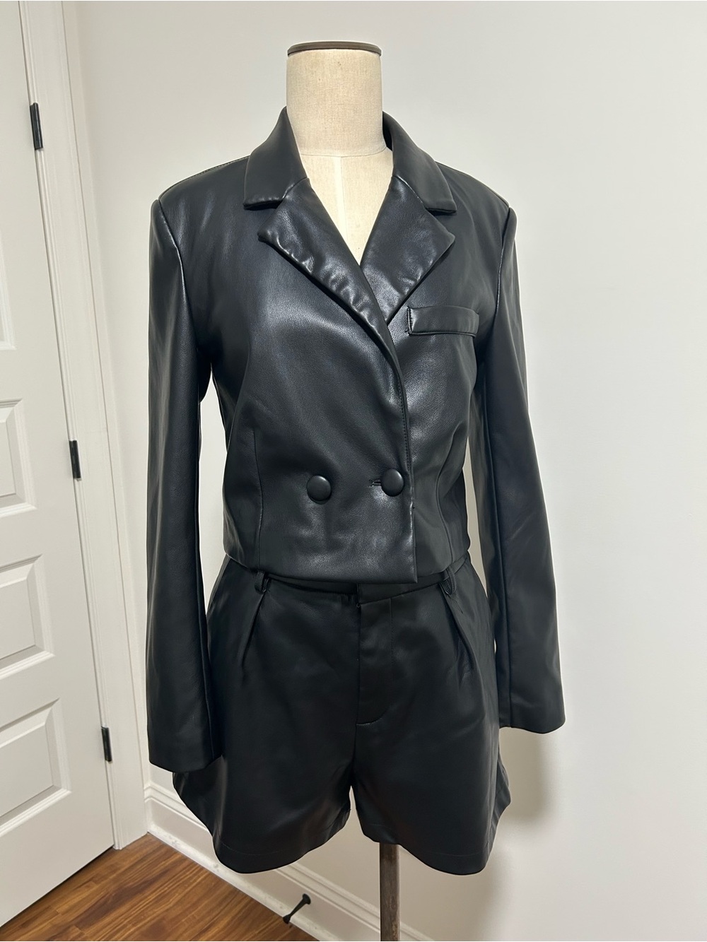 7 For All Mankind Black Faux Leather Jacket and Shorts Set